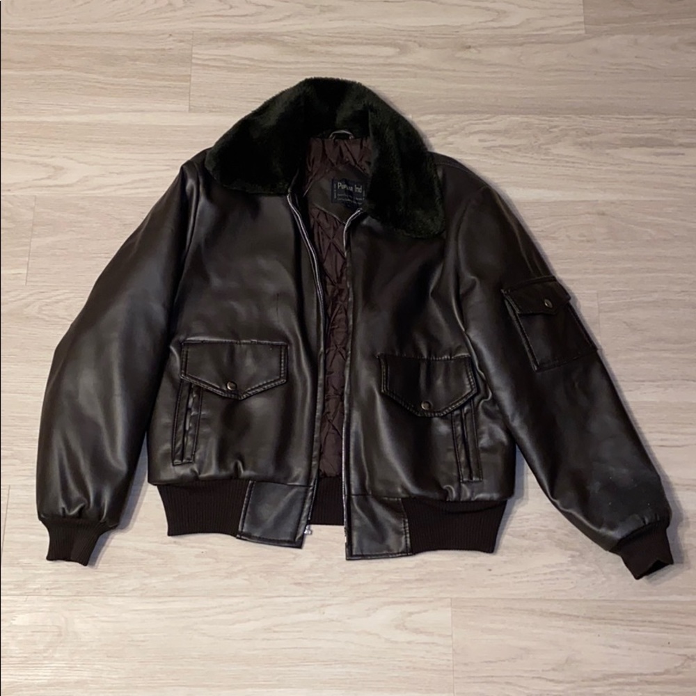 Faux leather bomber jacket with faux fur collar